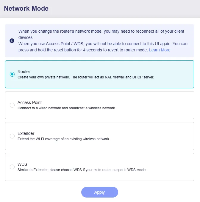 GL.iNet 管理介面入面揀 Router、Access Point、Extender 同 WDS mode 嘅畫面