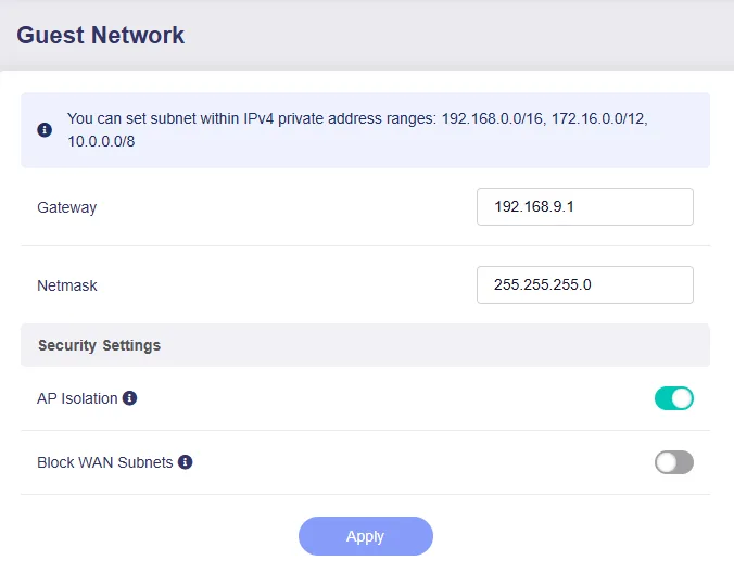 GL.iNet guest network 設定頁，顯示獨立 subnet 同隔離選項