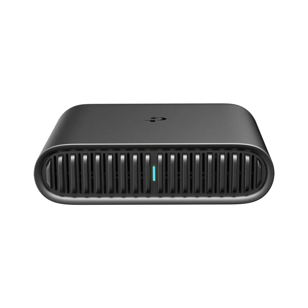黑色 TP-Link TL-WR1502X 旅行 router 正面產品圖,機身前方有散熱柵同狀態燈