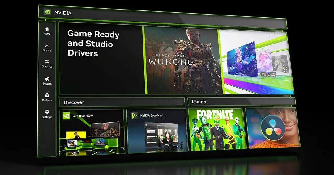 Nvidia App 官方配圖,展示用嚟管理 driver 同遊戲設定嘅介面