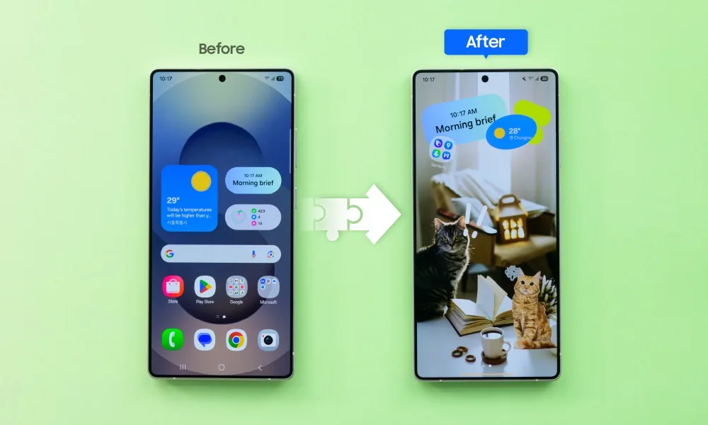 Galaxy S25 Ultra 原裝主畫面同經 Home Up 自訂後嘅畫面對照
