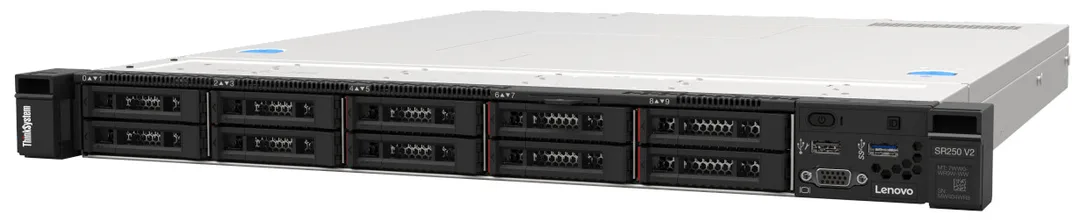 Lenovo ThinkSystem SR250 V2 1U server 正面斜角圖，前面有多個 2.5 吋硬碟位