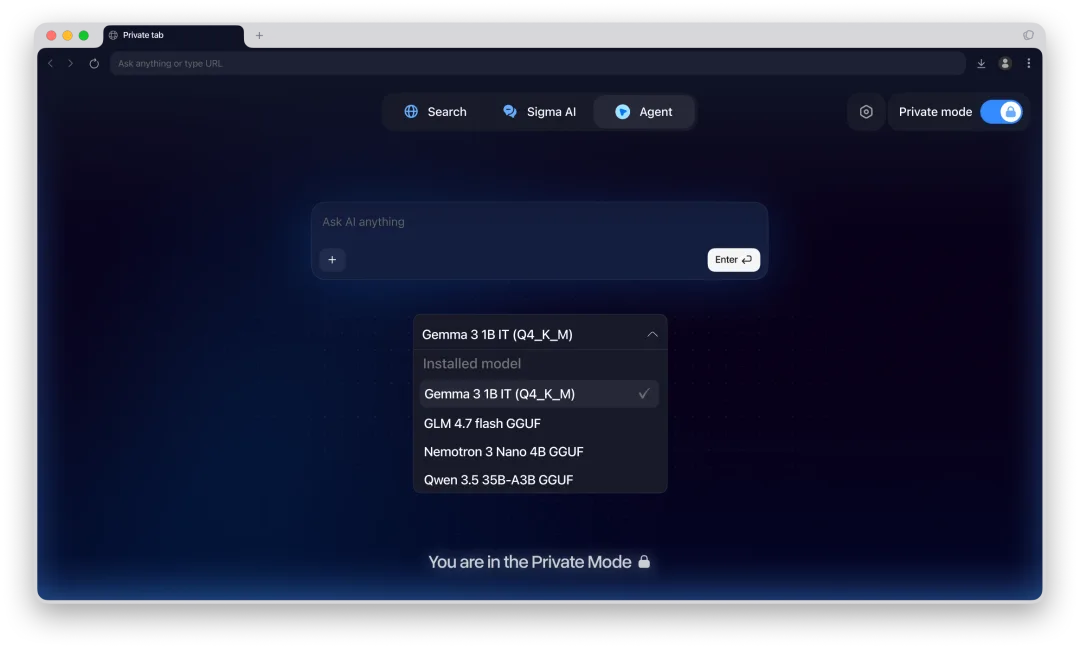Sigma Browser 開住 Private Mode 同本機模型選項嘅深色介面