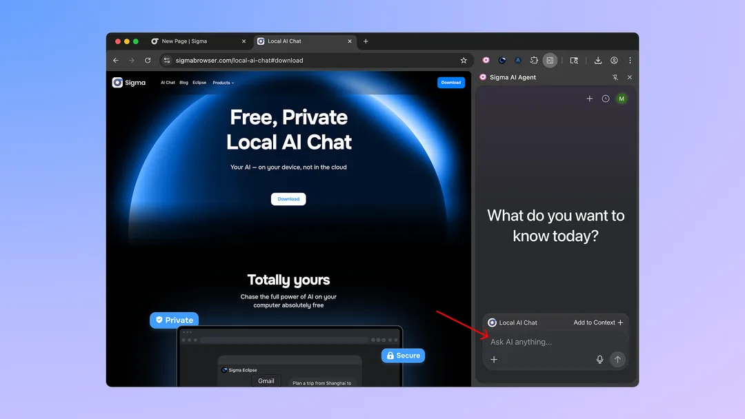 Sigma Browser 入面用 Eclipse 離線 AI 助手聊天嘅官方示範畫面