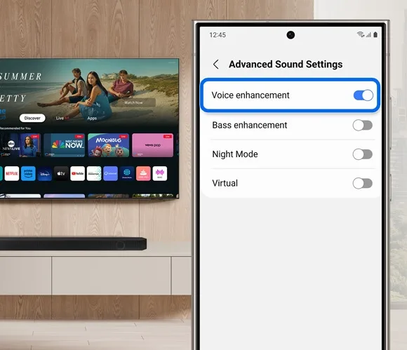 Samsung SmartThings 入面 Advanced Sound Settings 顯示 Voice enhancement 開關