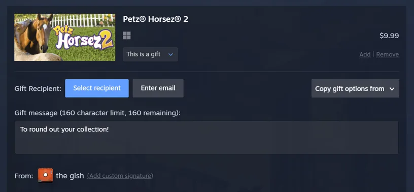 Steam 購物車送禮設定,可以揀好友或者輸入電郵地址