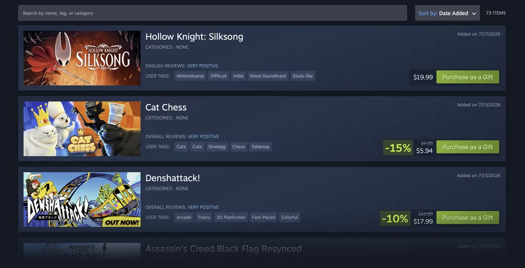 Steam 心願單每隻遊戲旁邊新增直接購買送禮按鈕
