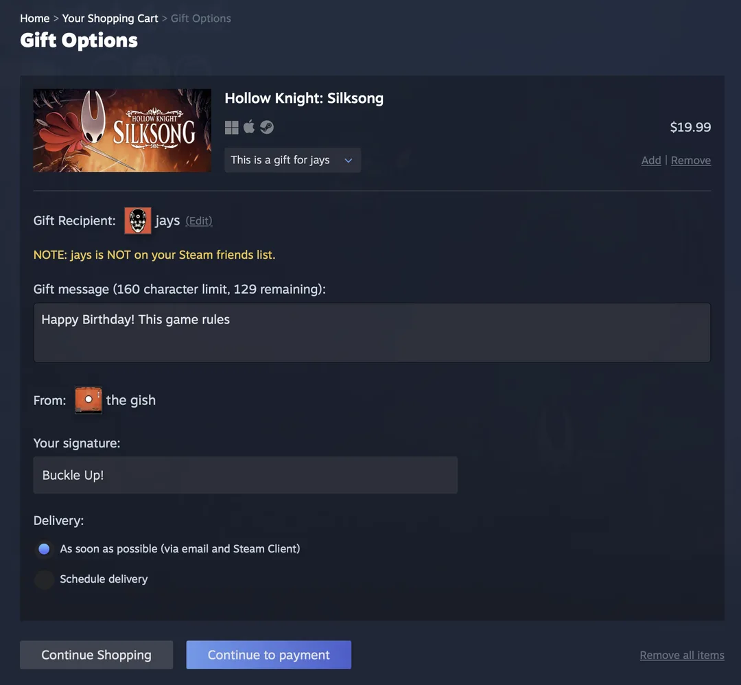 Steam 送禮結帳頁顯示收禮人、留言同送出時間選項