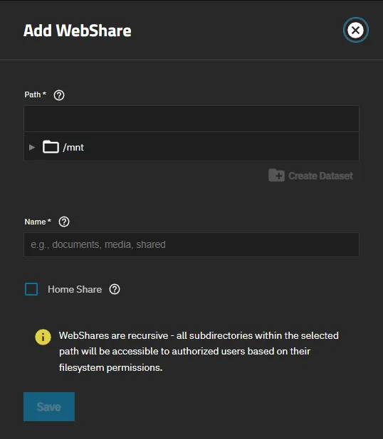 TrueNAS 加 WebShare share 嘅設定畫面,揀 path 同 share 名