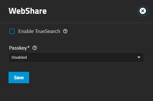 WebShare service 設定畫面,可開 TrueSearch 同 passkey options