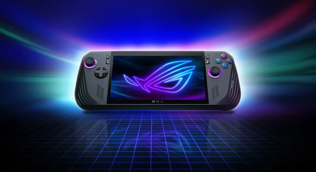 ROG Ally X 官方產品圖，掌機正面顯示遊戲畫面