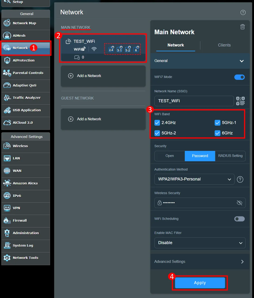 ASUS router 後台把 2.4GHz、5GHz 同 6GHz 放喺同一個主網絡嘅設定畫面