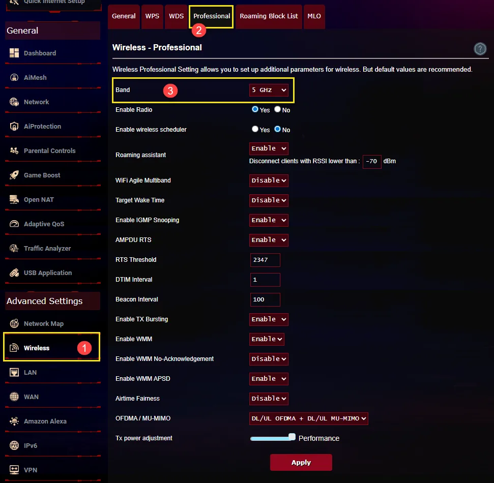ASUS router 後台 Wireless Professional 頁面,入面有 5GHz 嘅 Tx power adjustment 設定