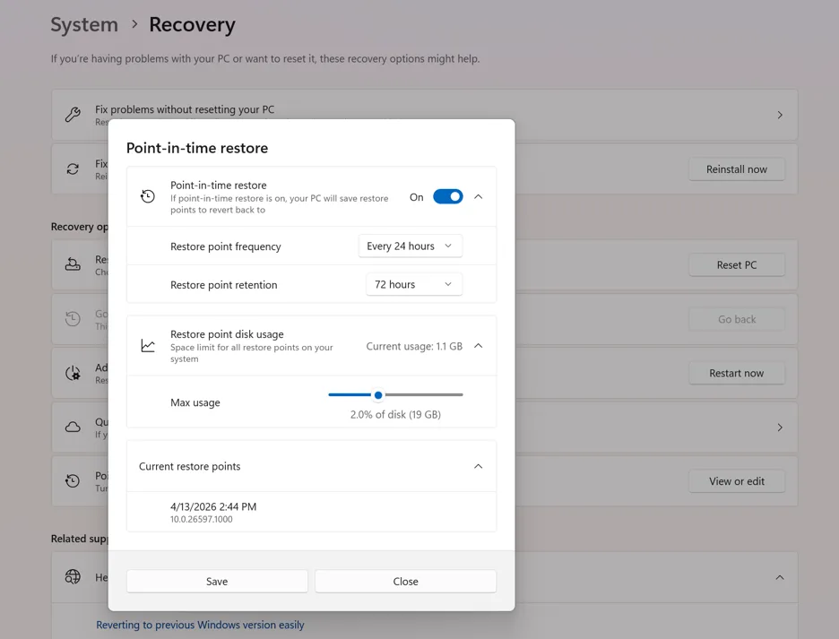 Microsoft Windows 11 Point-in-time restore 設定視窗,列出功能開關、還原點週期、保留時間同 SSD 用量上限