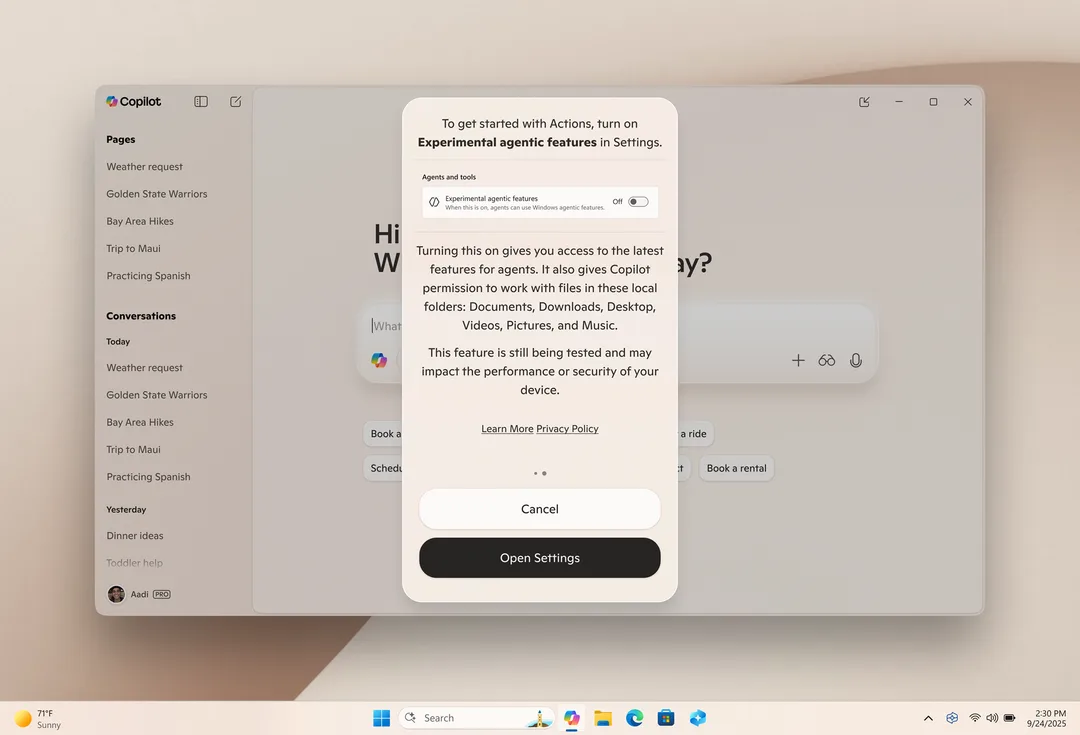 Copilot Actions 開啟前嘅提示畫面,列出可存取 Documents、Downloads、Desktop、Videos、Pictures 同 Music