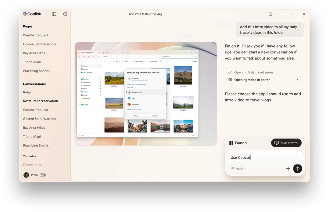 Copilot Actions 喺 Windows 11 入面操作 app 同本機檔案嘅示意畫面