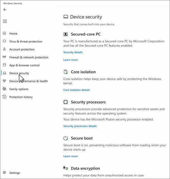 Windows Security 入面 Device security 頁面截圖,見到 Core isolation 入口同硬件安全狀態