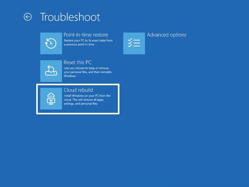 Windows Recovery Environment 入面新增 Cloud Rebuild 選項嘅官方截圖