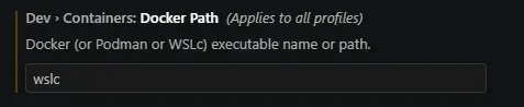 VS Code Dev Containers 設定 Docker Path 改做 wslc 嘅畫面