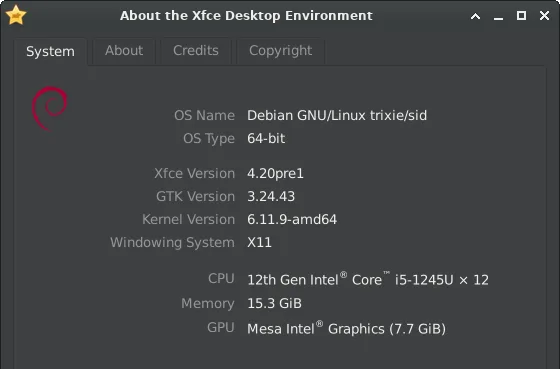 Xfce 4.20 about dialog,畫面顯示 windowing system 同 GPU 資訊