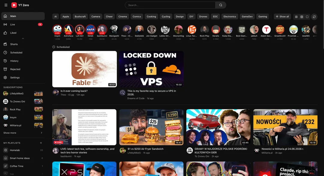 ytzero 主畫面以時間次序顯示已追蹤頻道嘅新影片