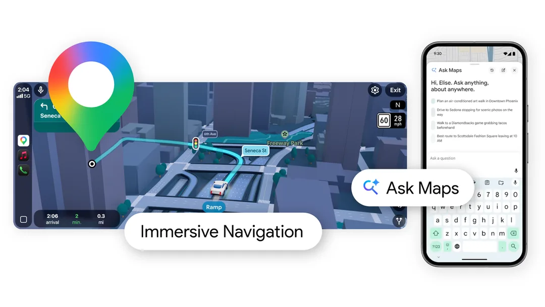 手機畫面展示 Google Maps 入面嘅 Ask Maps 對話功能同地圖建議