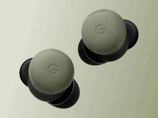 Olive 色 Pixel Buds Pro 2 一對耳機俯視產品圖