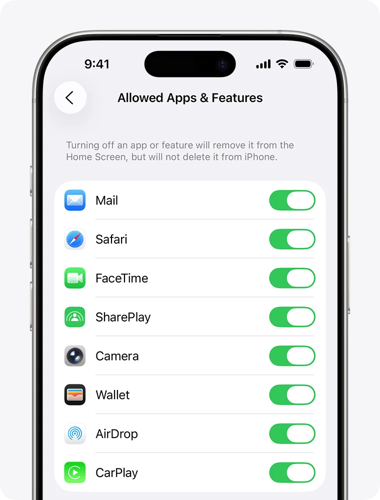 iPhone 螢幕使用時間入面管理小朋友可用 app 同功能嘅設定畫面
