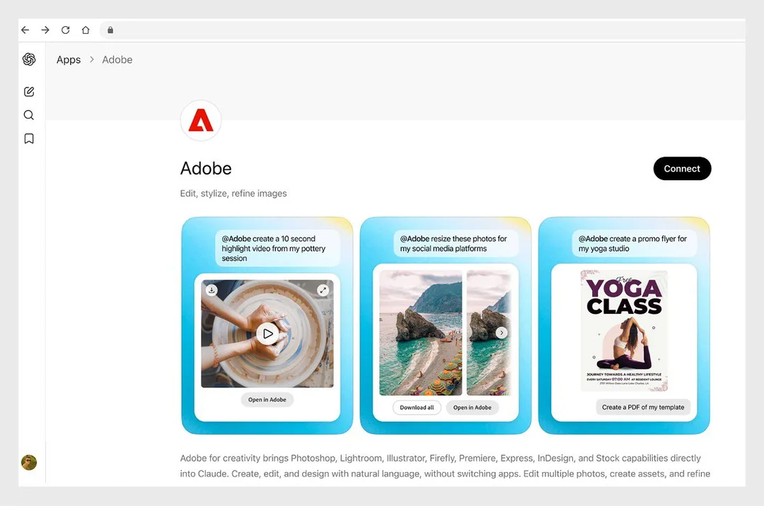ChatGPT 入面嘅 Adobe 插件頁,畫面列出示範用途同 Connect 按鈕
