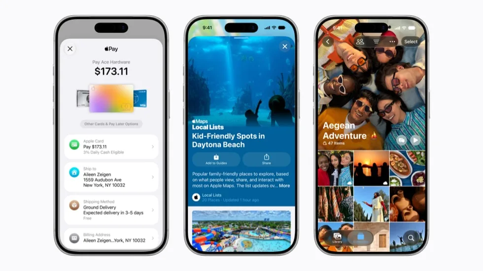 三部 iPhone 展示 Apple 各項服務嘅全新功能畫面
