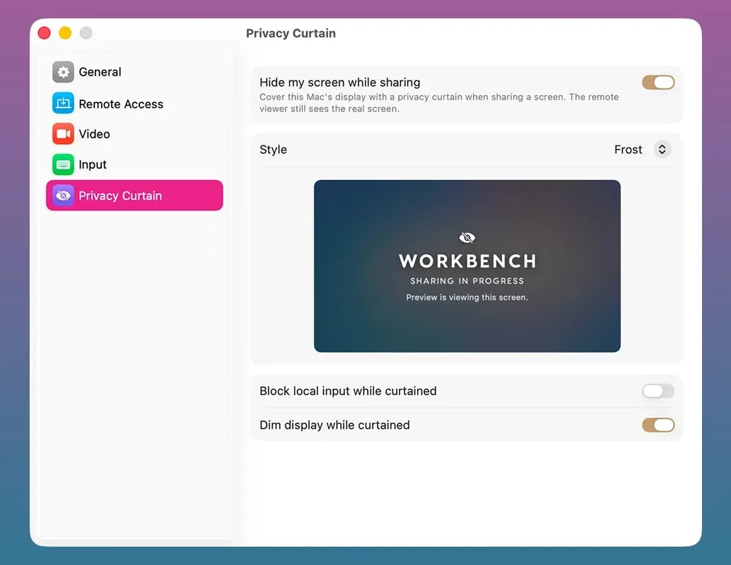 Workbench privacy curtain 遮住主機實體屏幕嘅設定畫面