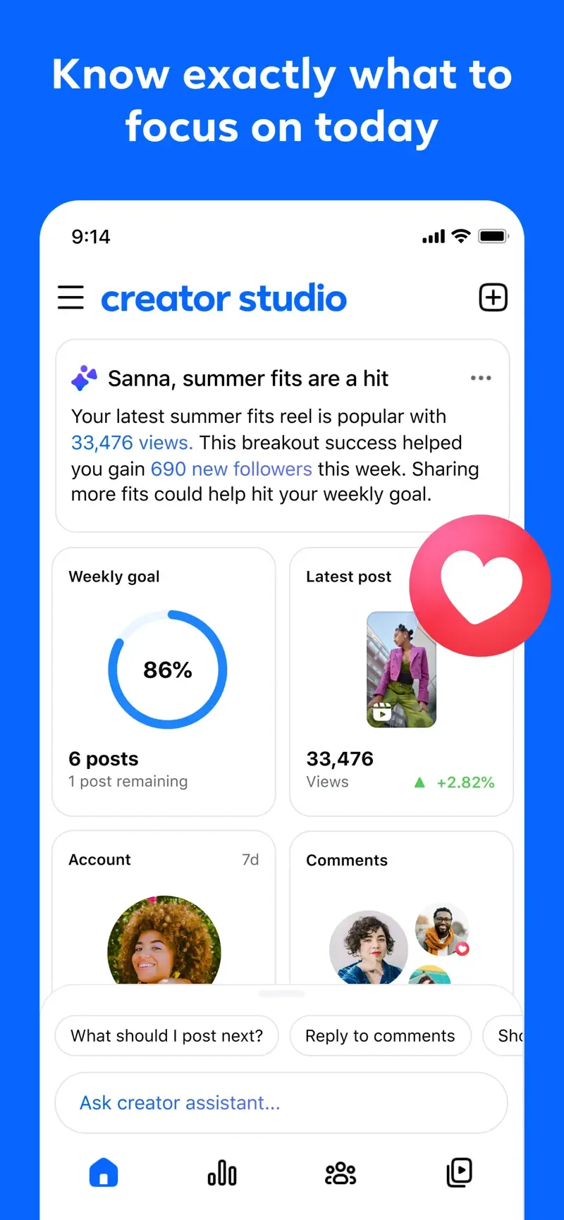 Facebook Creator Studio 首頁顯示每星期目標、最新帖文表現同 Creator Assistant 輸入欄