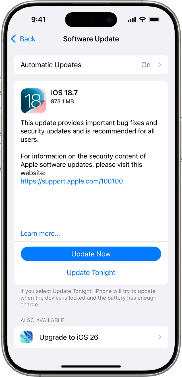 iPhone 軟件更新頁面,畫面列出現有 iOS 更新同升級選項