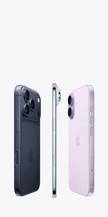 iPhone 17 Pro、iPhone Air 同 iPhone 17 並排展示機背同薄身側面