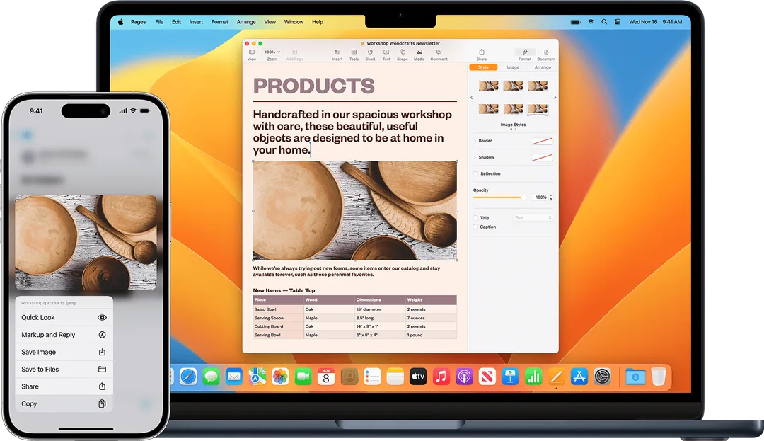 iPhone 複製相片後用 Universal Clipboard 貼到 Mac 文件嘅 Apple 官方示意圖