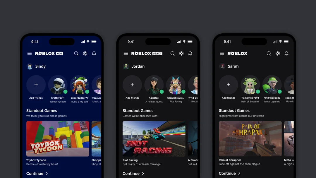 Roblox Kids、Roblox Select 同一般 Roblox 分齡帳戶介面