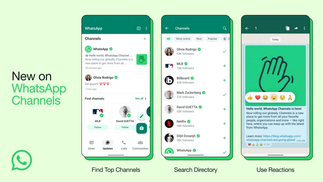 WhatsApp 手機介面展示頻道更新同追蹤功能