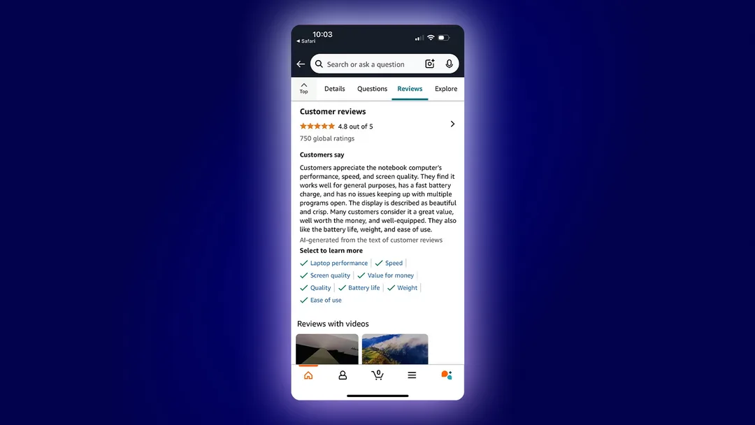 Amazon 購物介面展示由 AI 整理嘅顧客評價重點