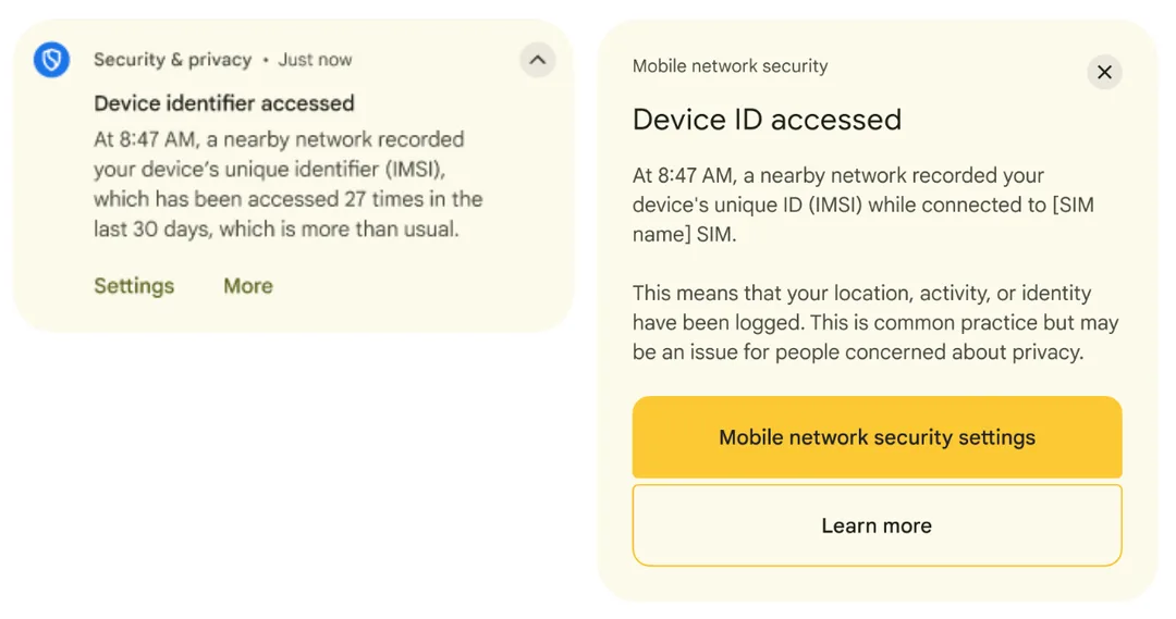Android 提示流動網絡曾經存取手機識別資料嘅系統通知