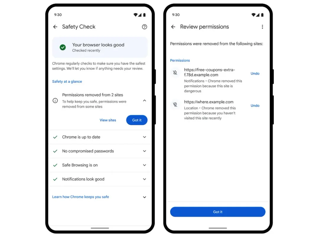 Android 版 Chrome Safety Check 顯示已移除網站權限嘅畫面