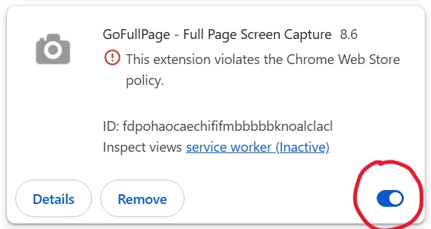Chrome extension 管理頁顯示 GoFullPage 8.6 違反 Chrome Web Store 政策,右下角重新啟用掣俾紅圈標示
