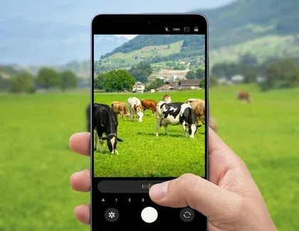 用戶手持 Galaxy S26 Ultra,以相機變焦介面拍攝戶外景物並選用 24MP