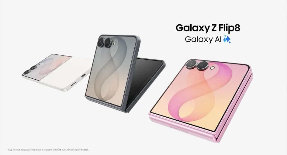多部唔同顏色嘅 Galaxy Z Flip8 摺合及打開展示