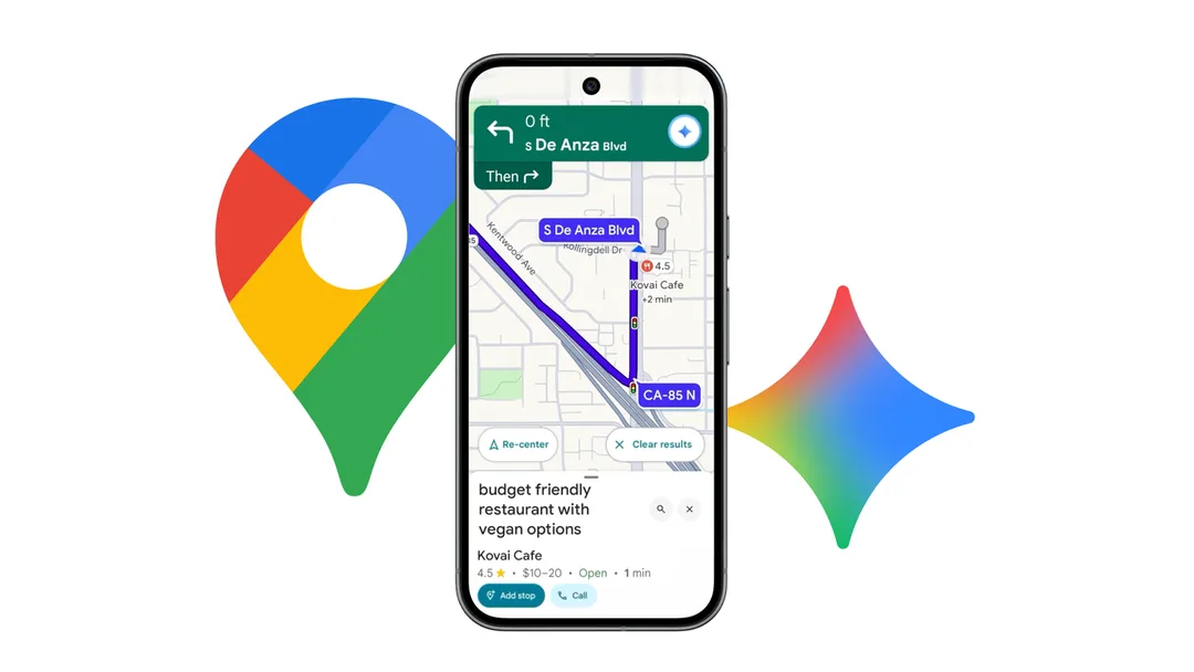 手機畫面顯示 Google Maps 導航配合 Gemini 語音功能