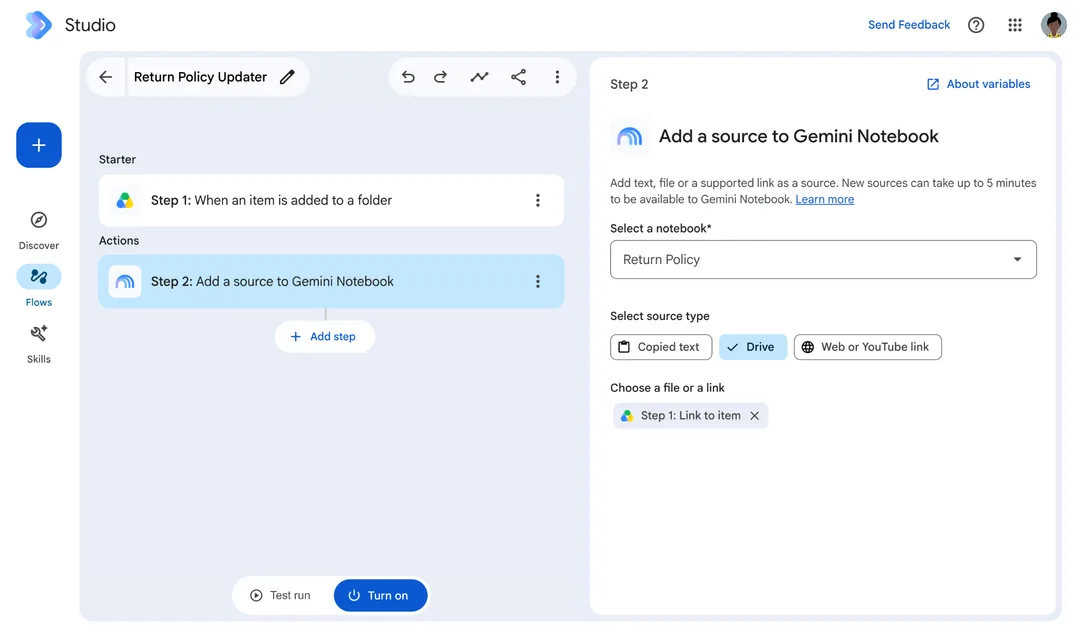 Workspace Studio 入面新增資料來源去 Gemini Notebook 嘅設定畫面