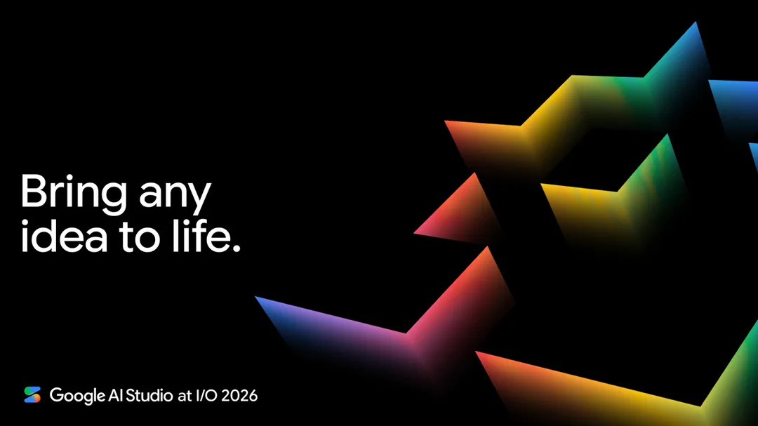 Google AI Studio 黑色背景配彩色圖案嘅 I/O 2026 主視覺