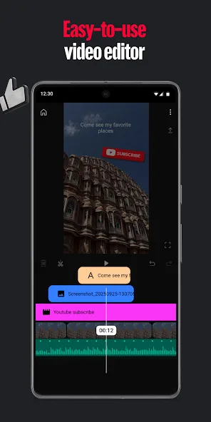 YouTube Create 手機剪片介面，畫面見到字幕、影片軌同聲音軌