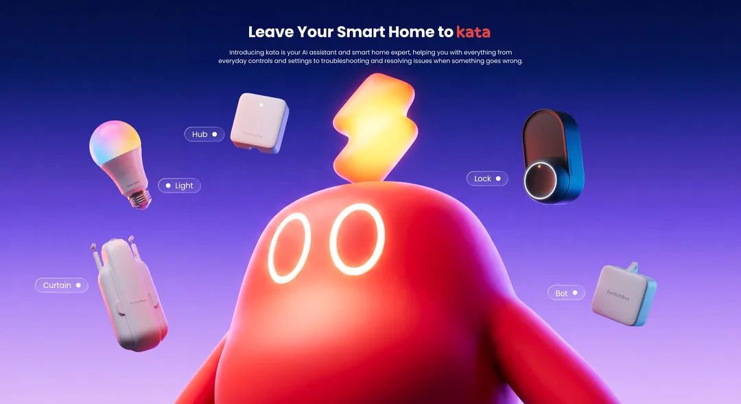 SwitchBot Kata 角色旁邊展示智能燈、Hub、門鎖、窗簾同 Bot 裝置