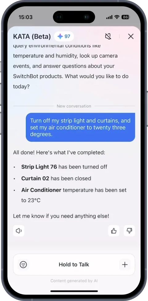 SwitchBot app 入面嘅 Kata Beta 對話畫面,一次過控制燈、窗簾同冷氣