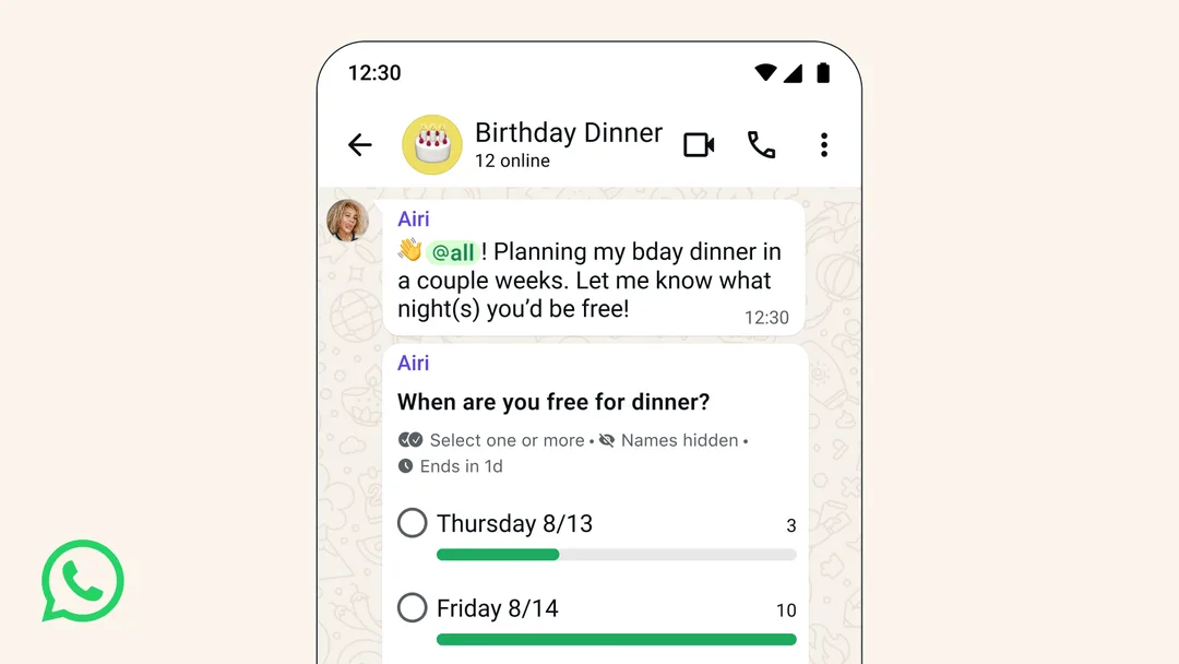 WhatsApp 群組更新介面,展示投票同群組聊天相關新功能